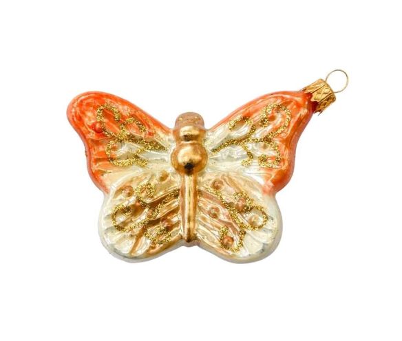 Suspension Noël verre soufflé papillon orange blanc doré arabesques paillетéеs H6cm