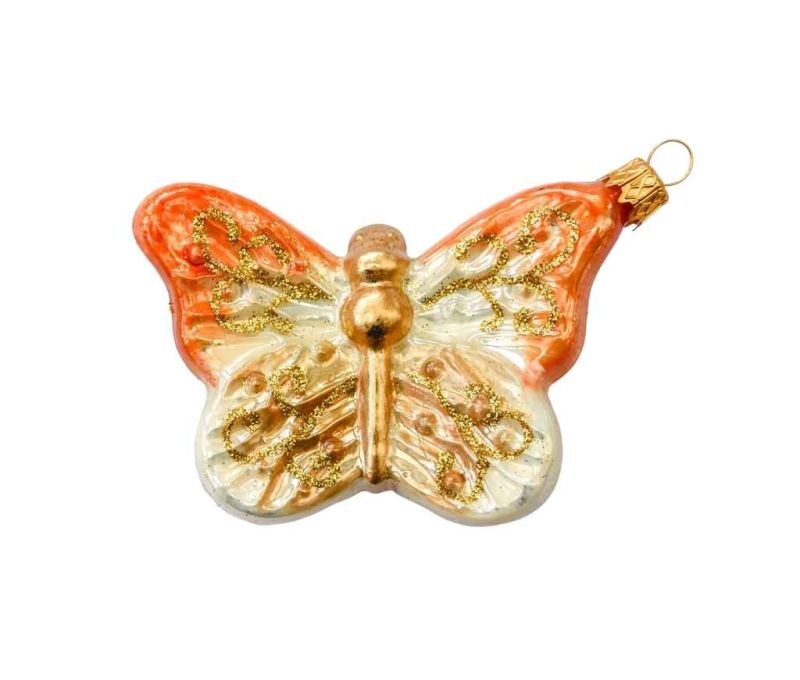 Suspension Noël verre soufflé papillon orange blanc doré arabesques paillетéеs H6cm