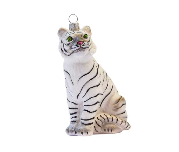 Boule de Noël originale tigre blanc, rayures noires en verre soufflé H 12cm