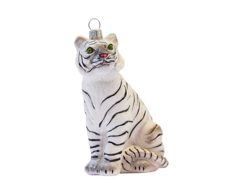 Suspension Noël verre soufflé tigre blanc rayures noires yeux verts assis peint à la main H12cm