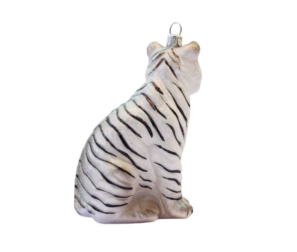 Boule de Noël originale tigre blanc, rayures noires en verre soufflé H 12cm