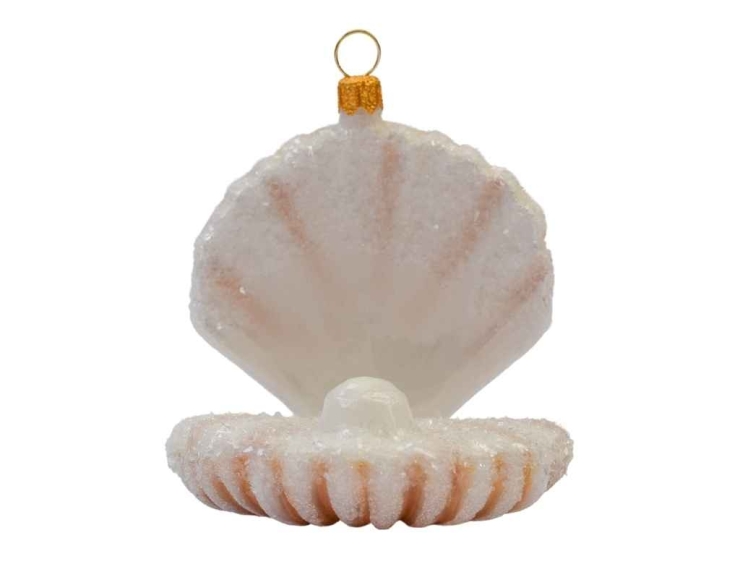 Boule de Noël originale coquille saint-jacques, en verre soufflé et peint à la main. Hauteur 10 cm.