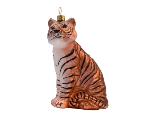 Boule de Noël originale tigre en verre soufflé. Hauteur 12cm.