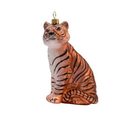Boule de Noël originale tigre en verre soufflé. Hauteur 12cm.