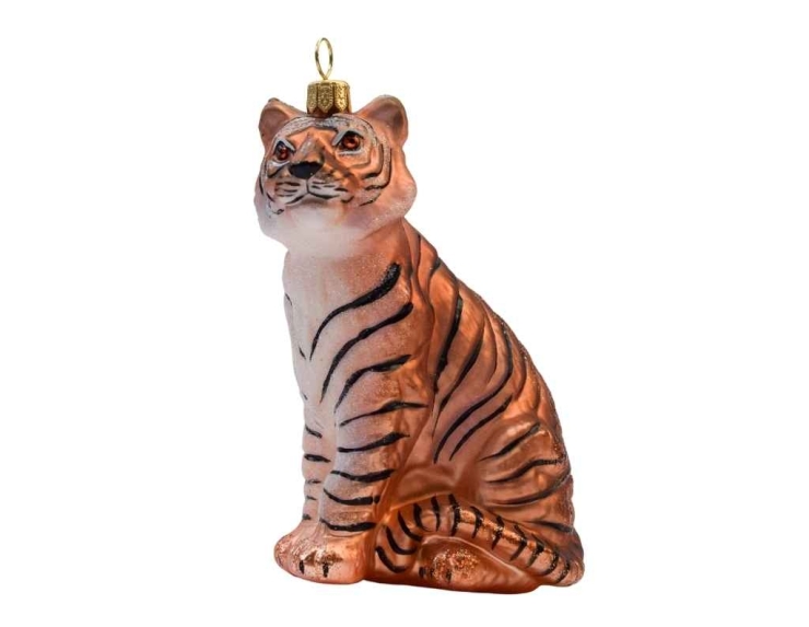 Boule de Noël originale tigre en verre soufflé. Hauteur 12cm.