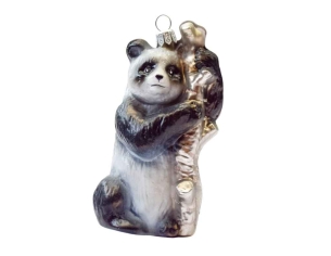 Boule de Noël originale en verre soufflé panda noir et blanc accroché à une tige de bambou H11cm - Lilosquare