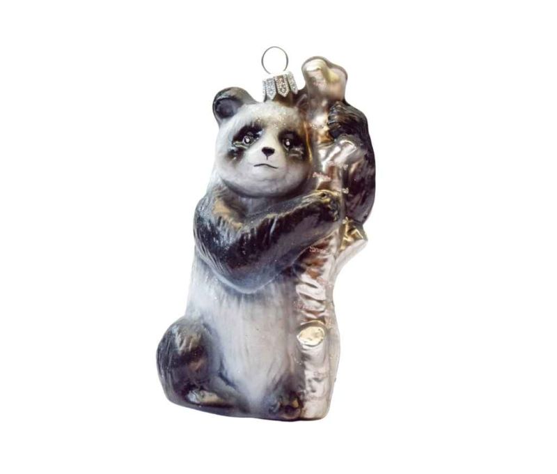 Boule de Noël originale en verre soufflé panda noir et blanc accroché à une tige de bambou H11cm - Lilosquare