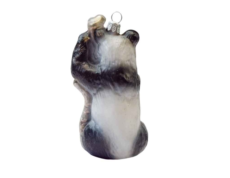 Boule de Noël originale en verre soufflé panda noir et blanc accroché à une tige de bambou H11cm - Lilosquare