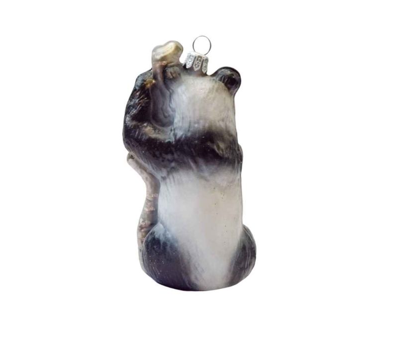 Boule de Noël originale en verre soufflé panda noir et blanc accroché à une tige de bambou H11cm - Lilosquare