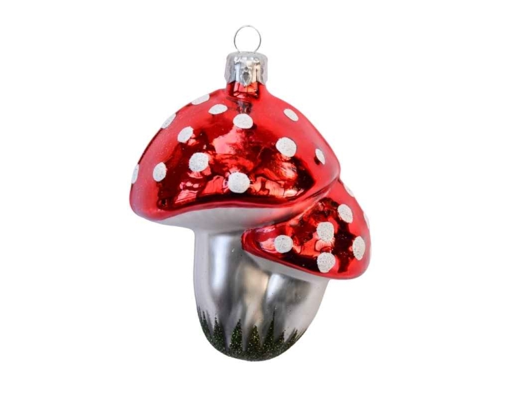 Boule de Noël champignon rouge blanc H 8cm
