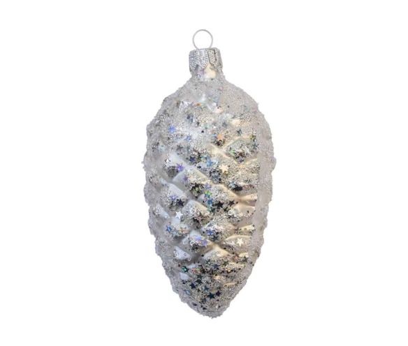 Suspension Noël verre soufflé pomme de pin argentée paillettes étoiles irisées blanc argent capuchon argenté H12cm