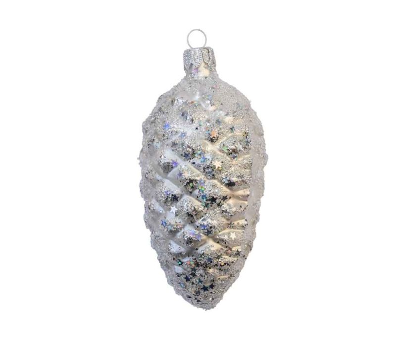 Suspension Noël verre soufflé pomme de pin argentée paillettes étoiles irisées blanc argent capuchon argenté H12cm