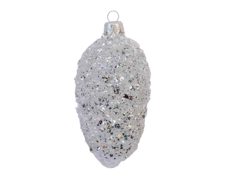 Boule de Noël pomme de pin, blanche avec des cristaux et paillettes argentées. Verre soufflé. Hauteur 12cm.