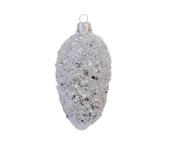Boule de Noël pomme de pin, blanche avec des cristaux et paillettes argentées. Verre soufflé. Hauteur 12cm.