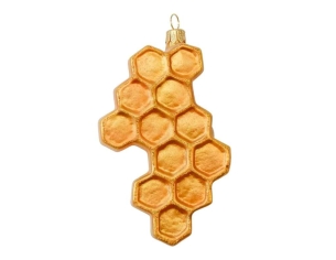 Boule de Noël originale nid d'abeille en verre soufflé avec petite abeille peinte à la main. Tons dorés. Hauteur 12cm.