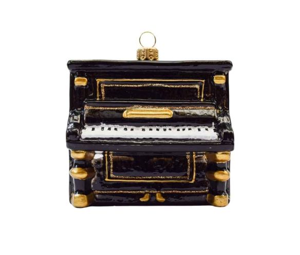 Suspension Noël verre soufflé piano droit noir brillant touches blanches dorures clavier H10cm