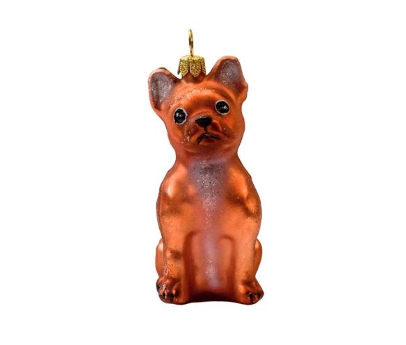Boule de noël chien bulldog français fauve verre H 10cm