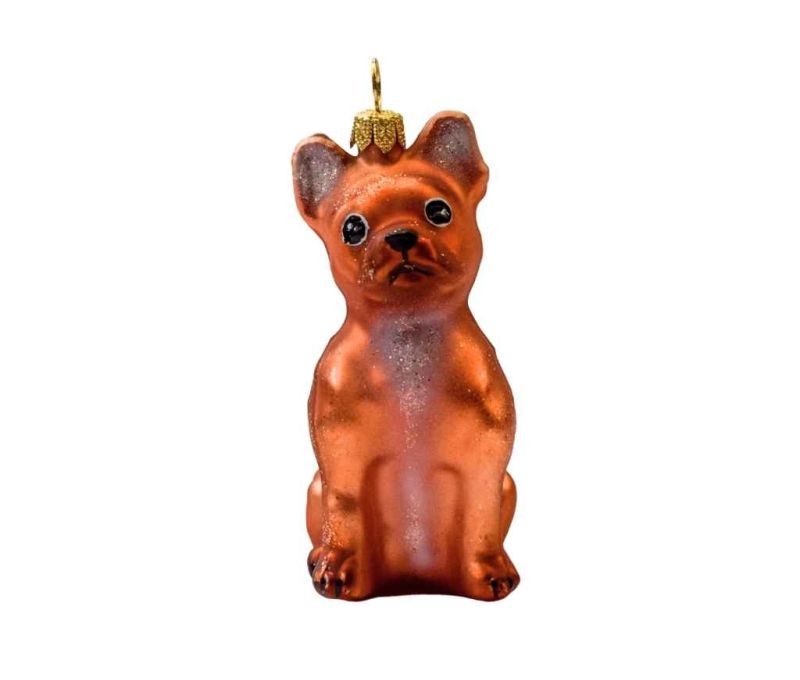 Boule de noël chien bulldog français fauve verre H 10cm
