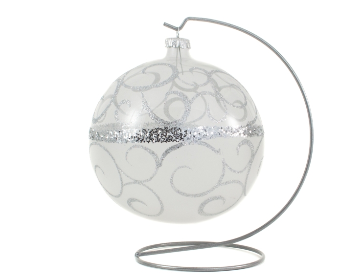 Grande Boule De Noël Transparente Arabesques Argentées Avec Support ø 15cm