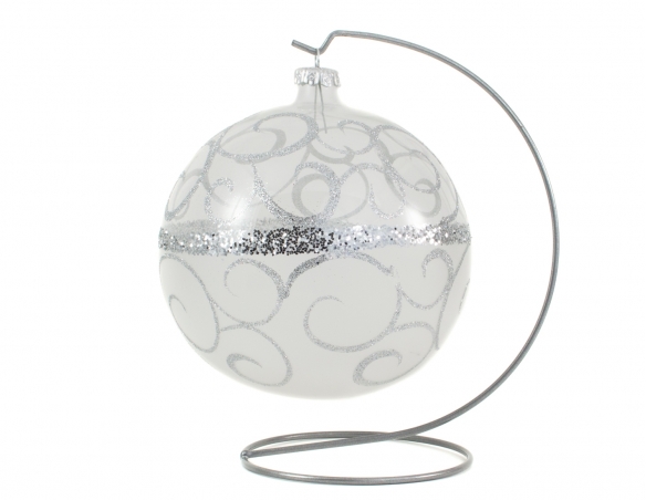 Grande boule de Noël transparente arabesques argentées avec support - ø 15cm