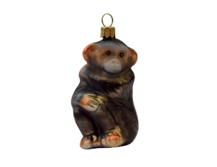 Boule de Noël verre soufflé chimpanzé assis brun foncé reflets dorés peint à la main H6cm