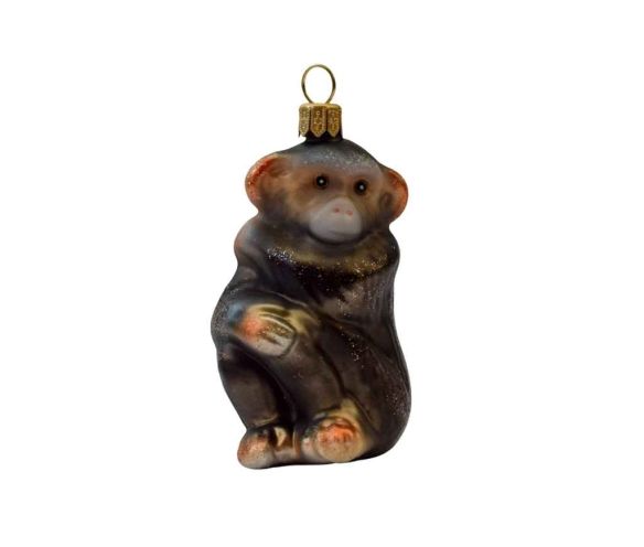Boule de Noël verre soufflé chimpanzé assis brun foncé reflets dorés peint à la main H6cm