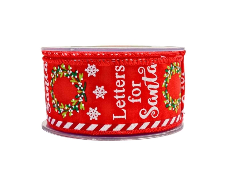 Large ruban de Noël rouge avec décor "Letters for Santa" et couronnes vertes.