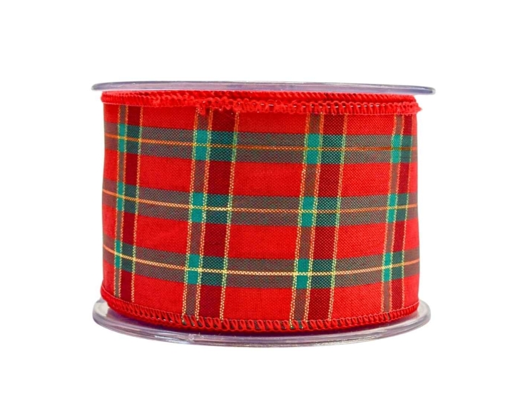 Large ruban de Noël rouge et vert au motif "tartan"