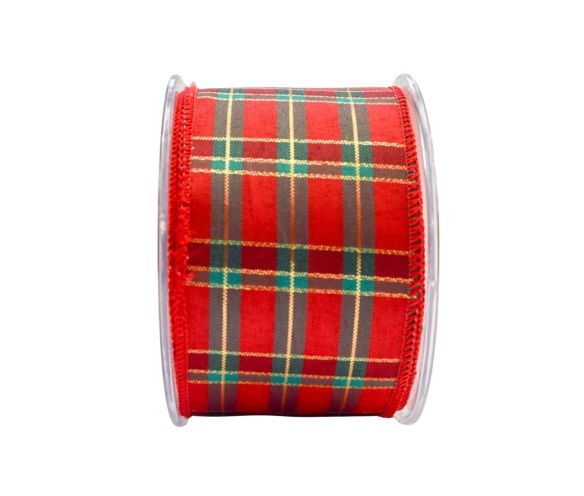 Large ruban de Noël rouge et vert au motif "tartan"