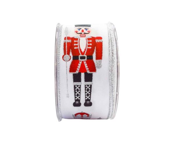 Ruban de Noël large blanc motif casse-noisette rouge argenté pailleté bord argenté fil de fer largeur 6cm