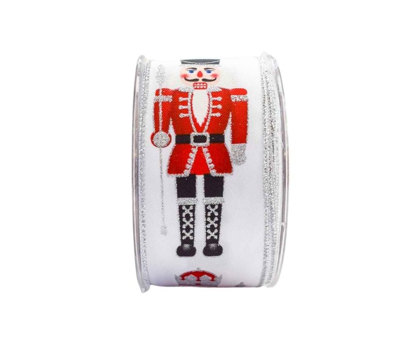 Ruban de Noël large blanc motif casse-noisette rouge argenté pailleté bord argenté fil de fer largeur 6cm