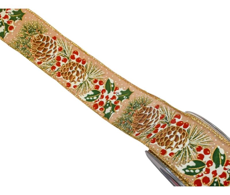 Large ruban de Noël en toile de jute avec décor de pommes de pin et baies.