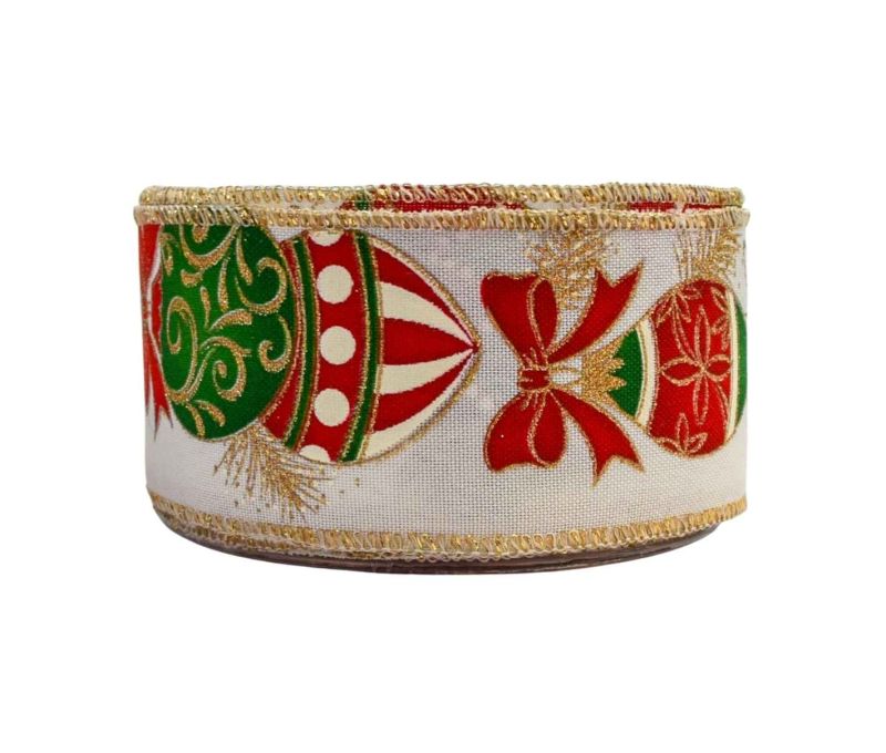 Ruban de Noël blanc large motif boules de Noël vintage vert rouge doré fil de fer bord doré largeur 6cm