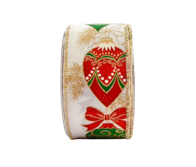 Ruban de Noël blanc large motif boules de Noël vintage vert rouge doré fil de fer bord doré largeur 6cm