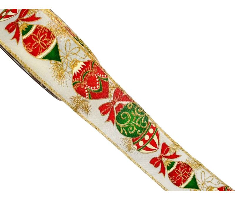 Ruban de Noël blanc large motif boules de Noël vintage vert rouge doré fil de fer bord doré largeur 6cm