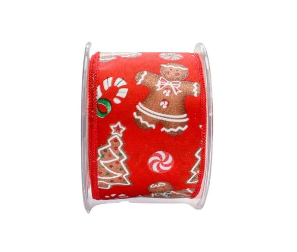 Ruban Noël fond rouge bonshommes maisons pain d'épices bonbons sucres d'orge spirales bords rouges fil de fer 7cm 9M