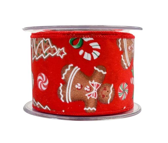 Ruban Noël fond rouge bonshommes maisons pain d'épices bonbons sucres d'orge spirales bords rouges fil de fer 7cm 9M