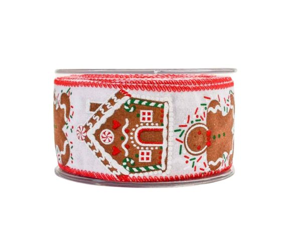 Ruban Noël tissu blanc motifs maisons bonshommes pain d'épices détails rouge vert blanc bords rouges fil de fer 6cm 9M
