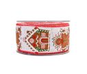Voir la slide Ruban Noël tissu blanc motifs maisons bonshommes pain d'épices détails rouge vert blanc bords rouges fil de fer 6cm 9M