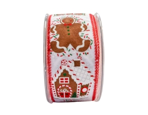 Ruban de Noël blanc décors pain d'épices 9M Ruban de Noël blanc décors pain d'épices 9M