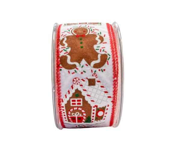 Ruban Noël tissu blanc motifs maisons bonshommes pain d'épices détails rouge vert blanc bords rouges fil de fer 6cm 9M