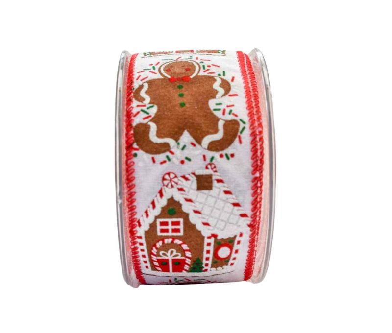Ruban Noël tissu blanc motifs maisons bonshommes pain d'épices détails rouge vert blanc bords rouges fil de fer 6cm 9M