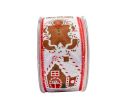 Voir la slide Ruban Noël tissu blanc motifs maisons bonshommes pain d'épices détails rouge vert blanc bords rouges fil de fer 6cm 9M