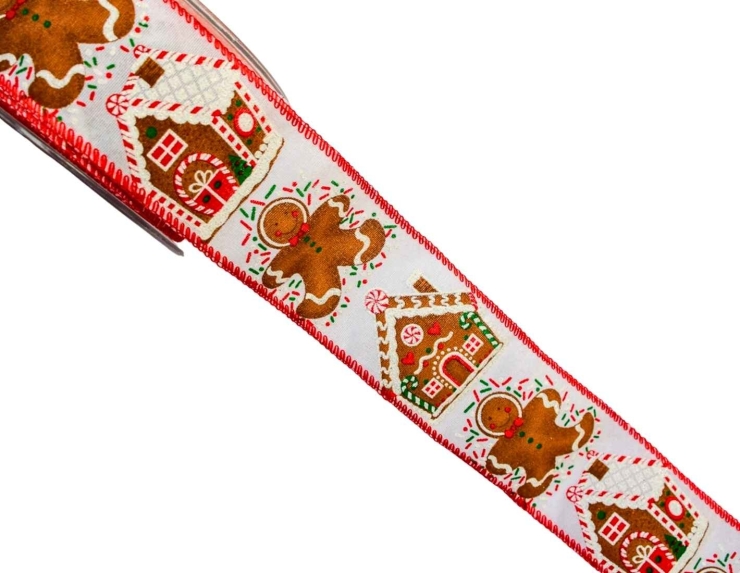 Ruban de Noël blanc décors pain d'épices 9M Ruban de Noël blanc décors pain d'épices 9M