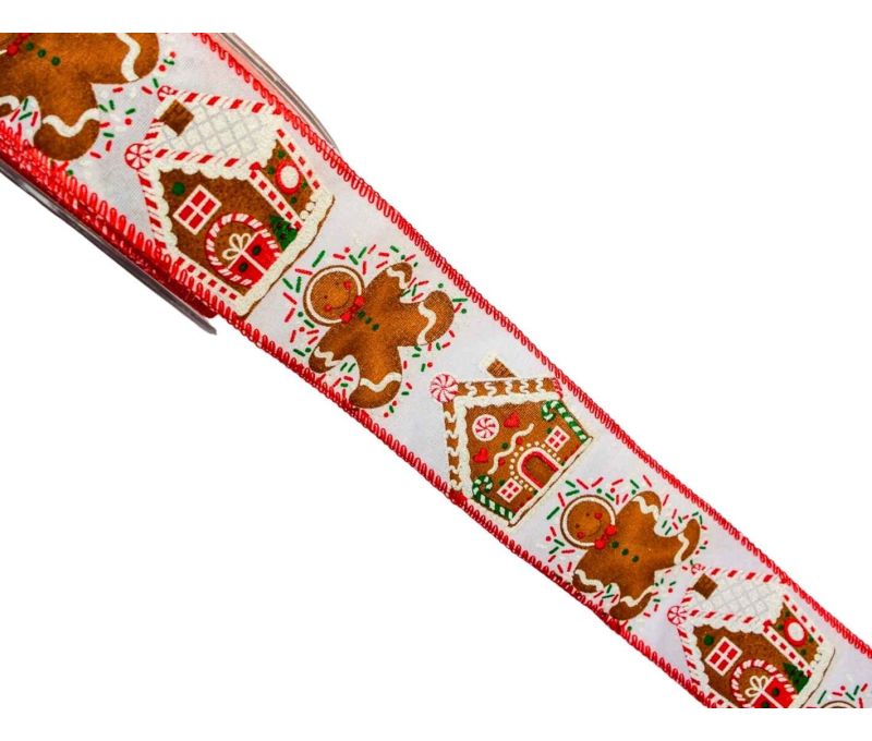 Ruban de Noël blanc décors pain d'épices 9M