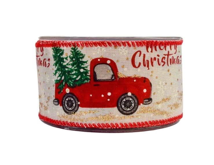 Ruban de Noël blanc doré décor camion 9M