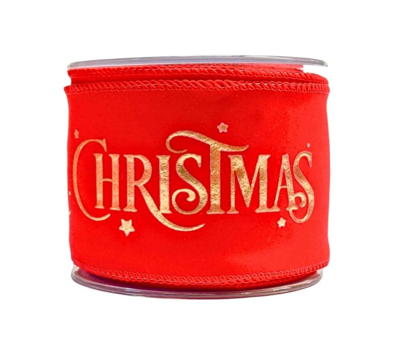 Ruban Noël velours rouge inscription Merry Christmas dorée étoiles fil de fer bord 8cm 9M