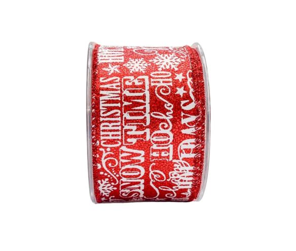Ruban Noël fond rouge brillant paillетé inscriptions blanches Holidays Be Merry Christmas flocons étoiles fil de fer 7cm 9M
