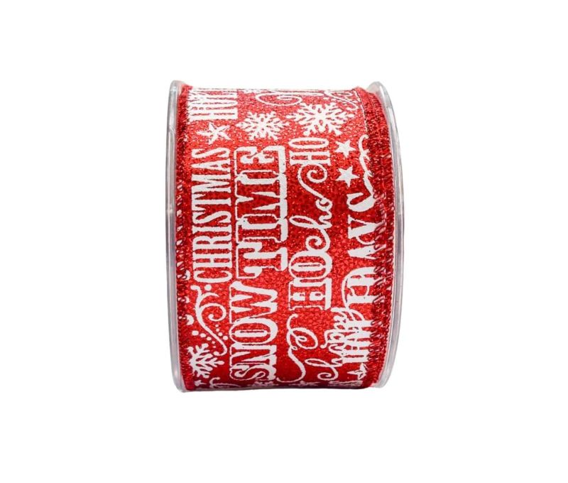 Ruban Noël fond rouge brillant paillетé inscriptions blanches Holidays Be Merry Christmas flocons étoiles fil de fer 7cm 9M
