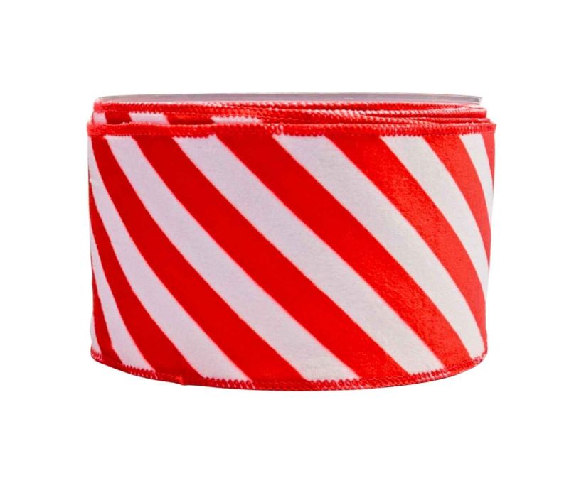 Ruban Noël velours rayures diagonales rouge blanc fil de fer bord 7cm 9M